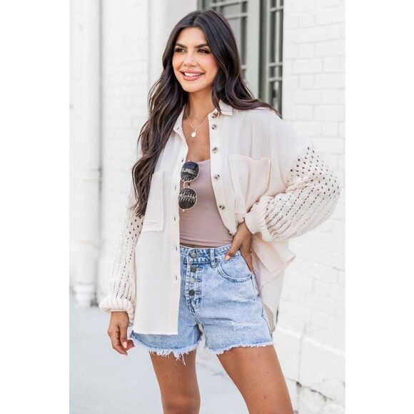 PINK LILY KEEP SHINING CREAM CROCHET SLEEVE GAUZE SZ LARGE SHACKET - Picture 2 of 7